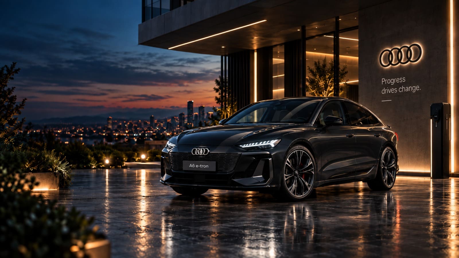 Audi A6 e-tron bij een aanbieder in de avondschemering