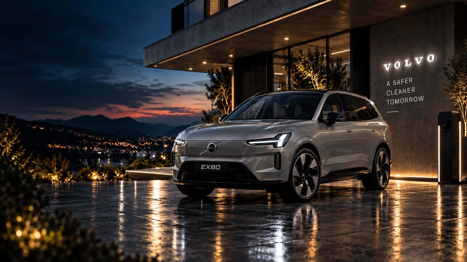 Volvo EX60 bij een aanbieder in de avondschemering