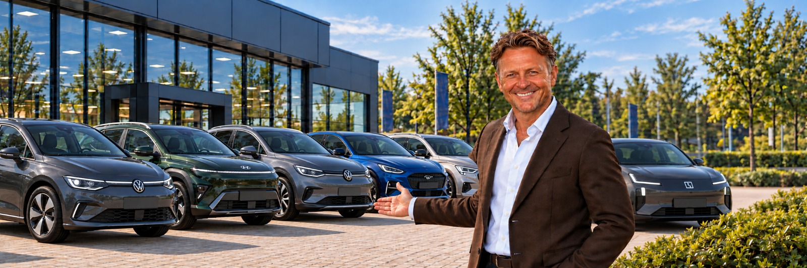 Jean-Luc Erdman voor een rij elektrische auto's bij een showroom